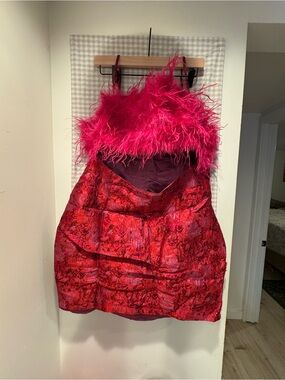 Nasty Gal Pink Satin Dress with Feather Trim